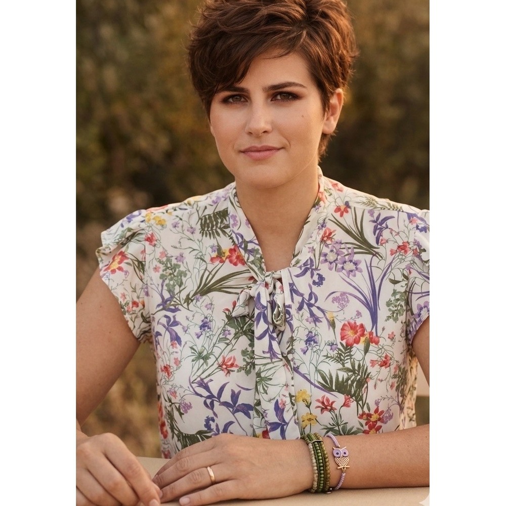 Counterparts Women Top XL white Multi Floral Flutter Sl Tie Front Blouse Flowy